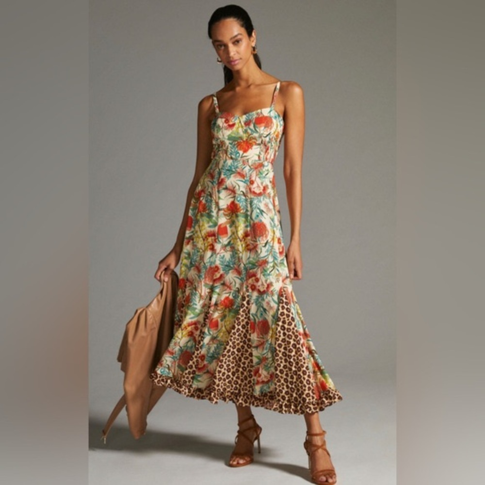 HUTCH X ANTHROPOLOGIE Corset Mixed Floral Leopard Print Maxi Dress Size 6 VGUC